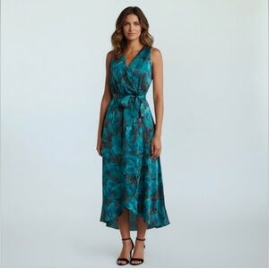 Tahari ASL Teal Floral High-Low Wrap Dress Size XL